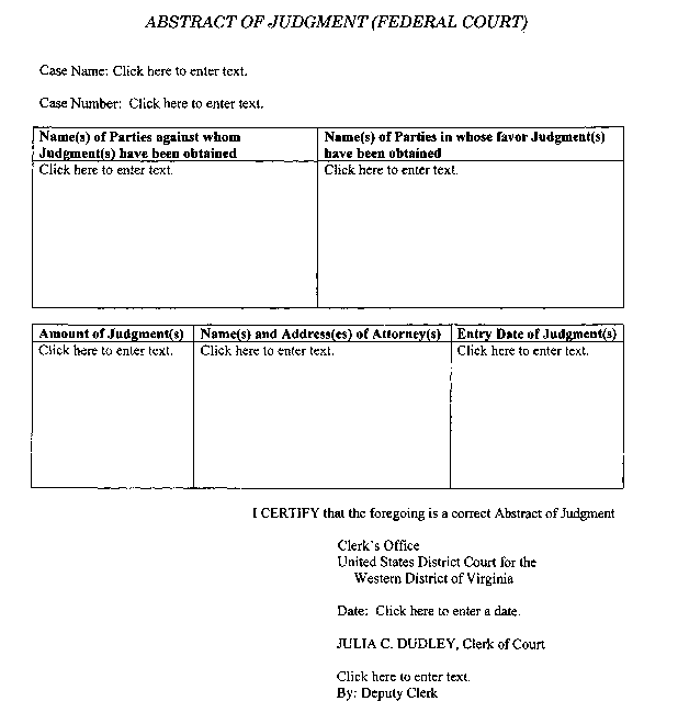 Appendix 7 1 Abstract of Judgment federal Court Chapter 7 Federal Foreign and Foreign State Judgments Enforcement of Liens and Judgments in Virginia Virginia CLE Books and Journals VLEX 1037071198